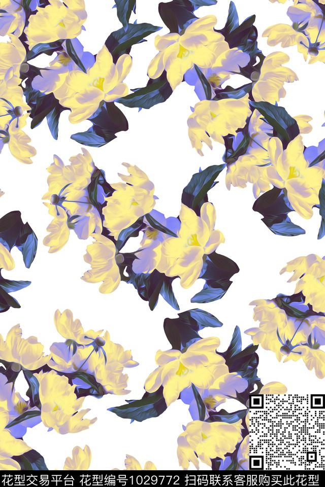 大花花卉复古数码印花华亿平台下载（图片编号: 1029772） - 瓦栏（Walan）