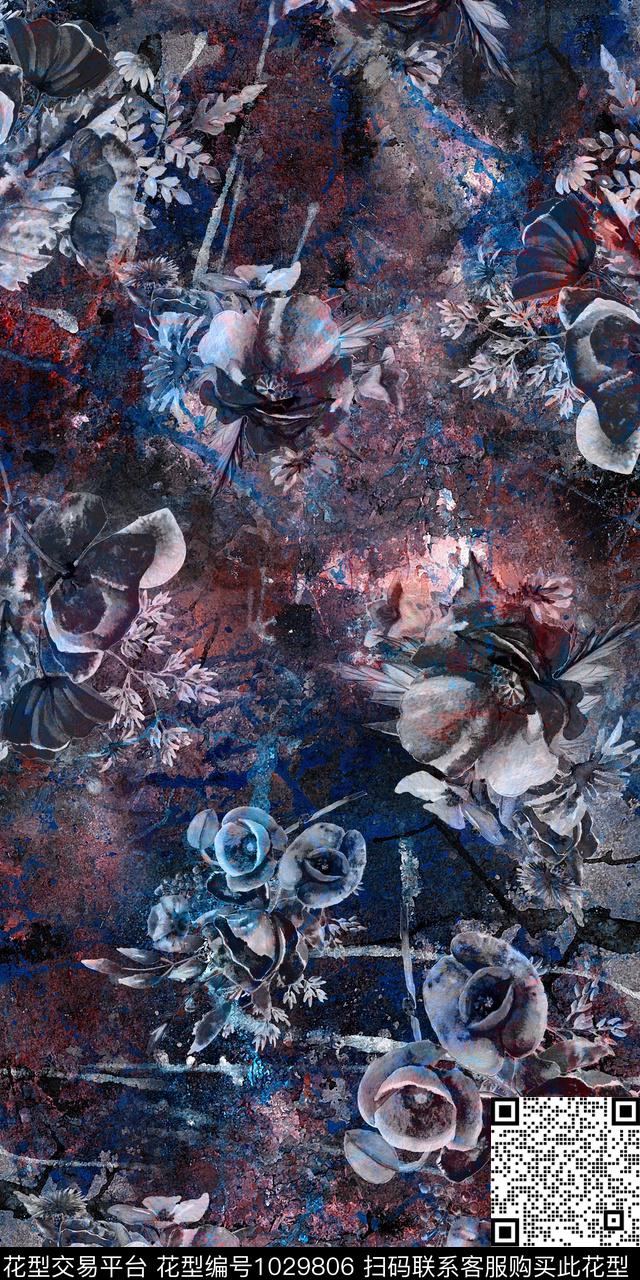 抽象花卉手绘花卉复古数码印花华亿平台下载（图片编号: 1029806） - 瓦栏（Walan）
