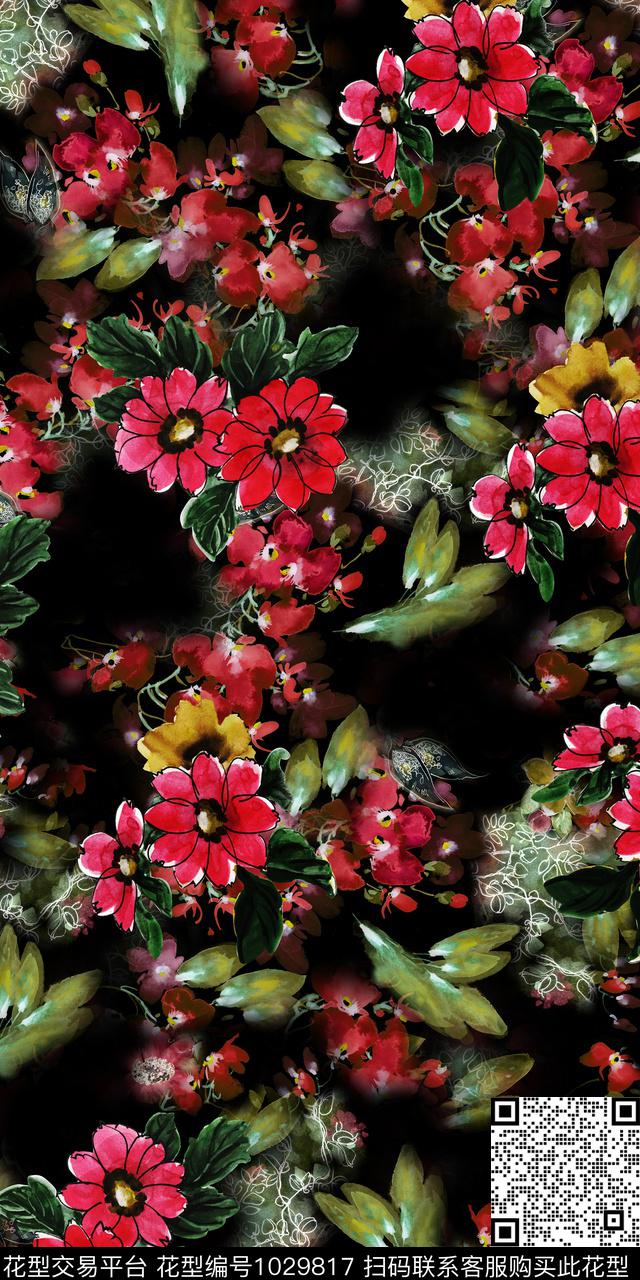 抽象花卉小碎花手绘花卉数码印花华亿平台下载（图片编号: 1029817） - 瓦栏（Walan）