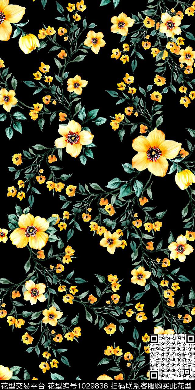 小碎花手绘花卉深底花卉数码印花华亿平台下载（图片编号: 1029836） - 瓦栏（Walan）