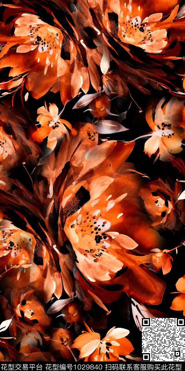 抽象花卉手绘花卉满版花卉数码印花华亿平台下载（图片编号: 1029840） - 瓦栏（Walan）