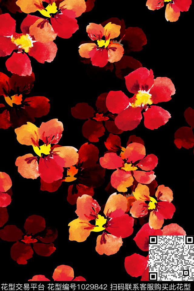数码华亿平台黑底花卉花卉数码印花华亿平台下载（图片编号: 1029842） - 瓦栏（Walan）