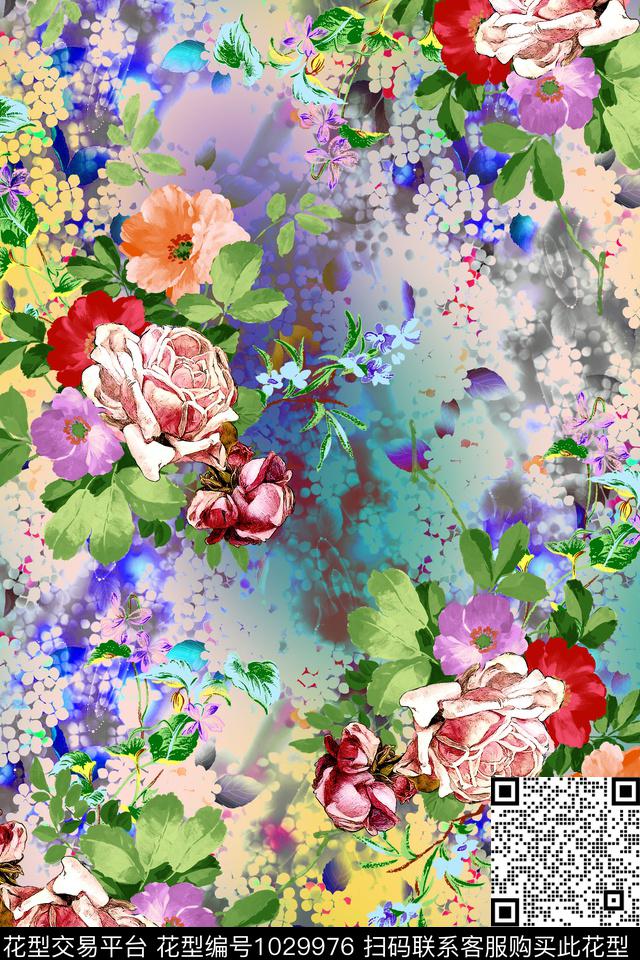 炫彩水彩花卉年轻女性数码印花华亿平台下载（图片编号: 1029976） - 瓦栏（Walan）