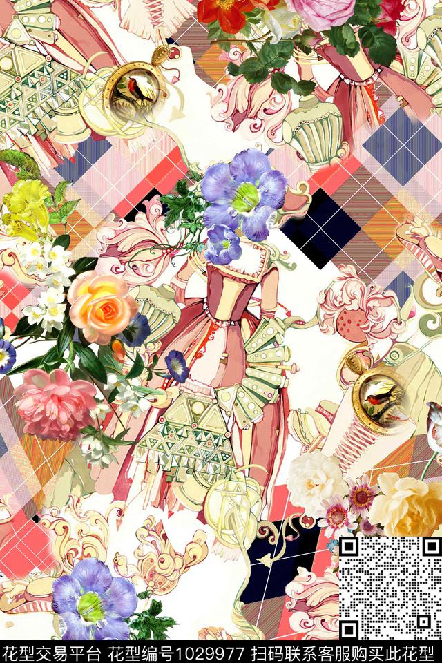 格子花卉年轻女性数码印花华亿平台下载（图片编号: 1029977） - 瓦栏（Walan）