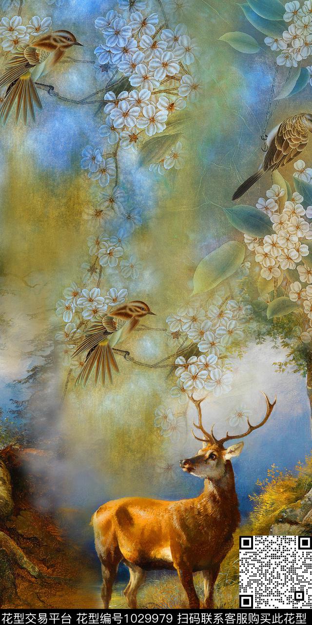 鹿花卉风景景观数码印花华亿平台下载（图片编号: 1029979） - 瓦栏（Walan）
