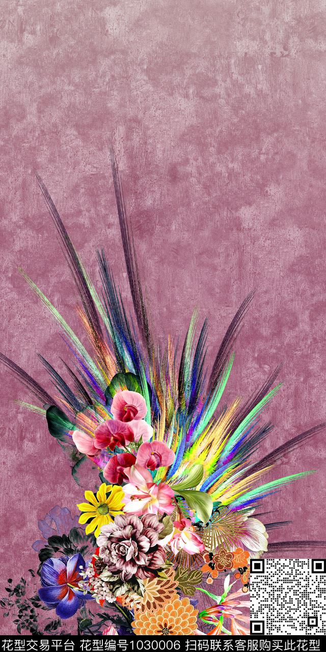 手绘花卉定位花女装定位花数码印花华亿平台下载（图片编号: 1030006） - 瓦栏（Walan）