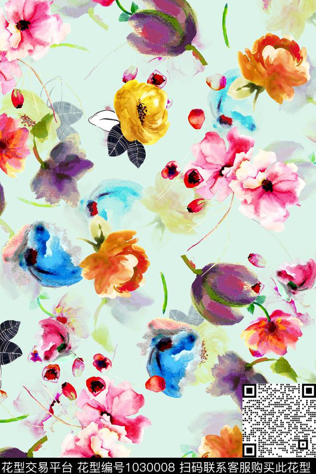 水彩花卉年轻女性手绘花卉数码印花华亿平台下载（图片编号: 1030008） - 瓦栏（Walan）