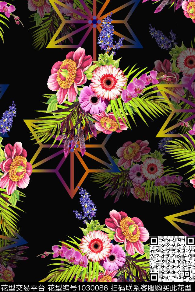 花卉几何混合拼接数码印花华亿平台下载（图片编号: 1030086） - 瓦栏（Walan）