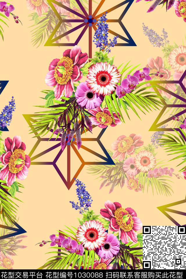 花卉几何混合拼接数码印花华亿平台下载（图片编号: 1030088） - 瓦栏（Walan）