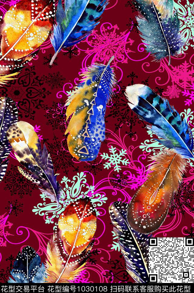 羽毛几何混合拼接数码印花华亿平台下载（图片编号: 1030108） - 瓦栏（Walan）
