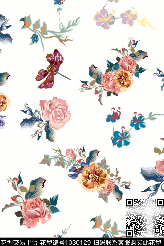 菊花手绘花卉树枝数码印花华亿平台下载（图片编号: 1030129） - 瓦栏（Walan）