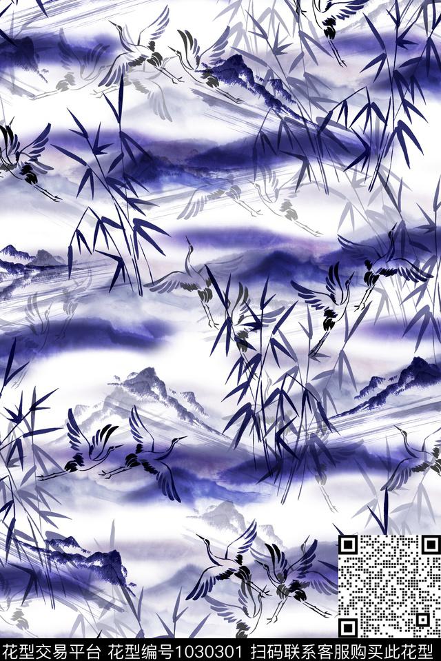 中国风仙鹤水墨风数码印花华亿平台下载（图片编号: 1030301） - 瓦栏（Walan）