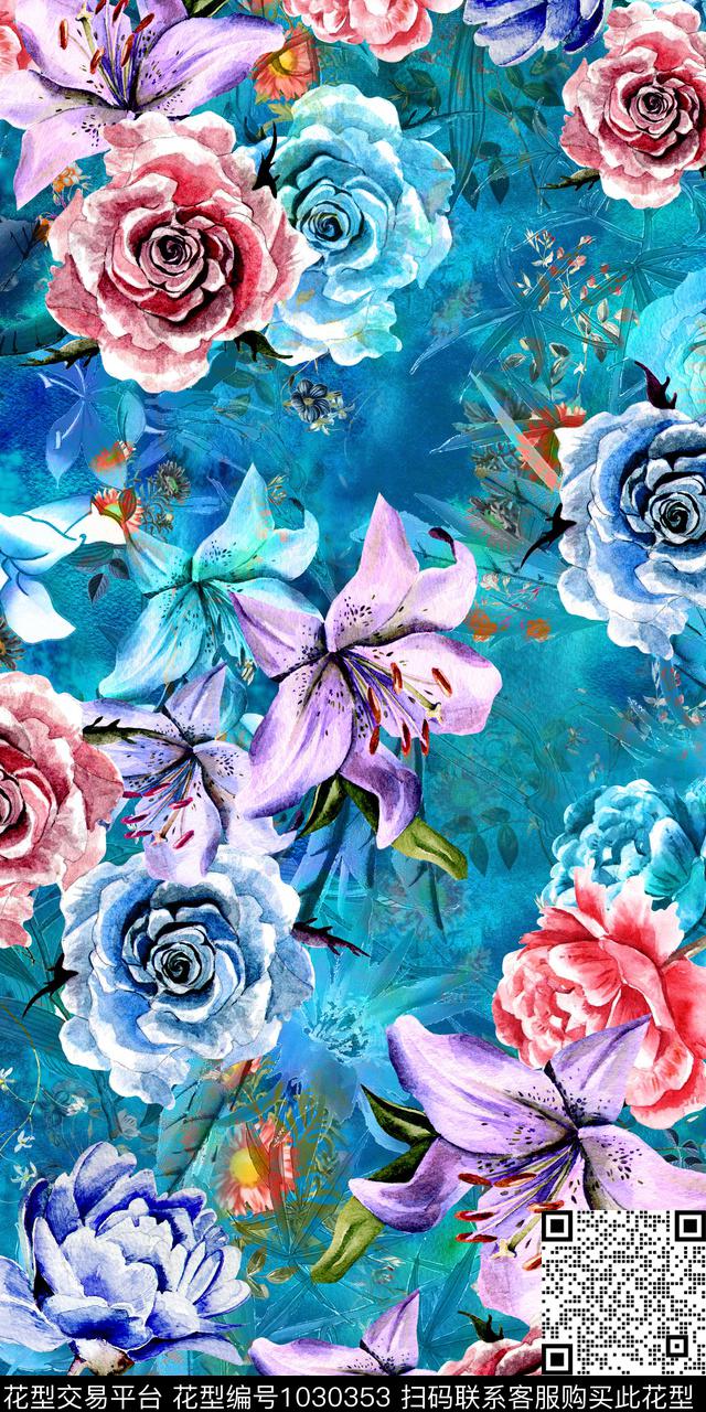 抽象花卉手绘花卉手绘百合花数码印花华亿平台下载（图片编号: 1030353） - 瓦栏（Walan）