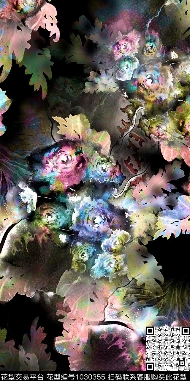 抽象花卉手绘花卉复古底纹数码印花华亿平台下载（图片编号: 1030355） - 瓦栏（Walan）
