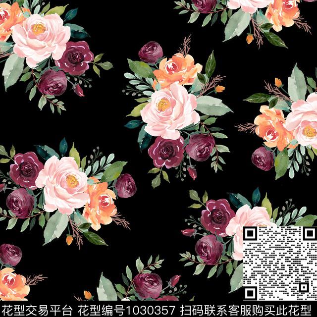 数码华亿平台黑底花卉民族风数码印花华亿平台下载（图片编号: 1030357） - 瓦栏（Walan）