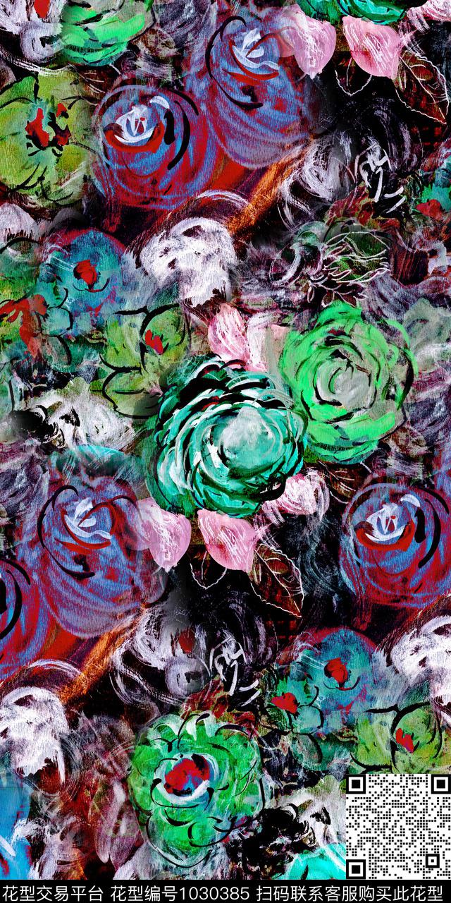 抽象花卉手绘花卉满版散花数码印花华亿平台下载（图片编号: 1030385） - 瓦栏（Walan）
