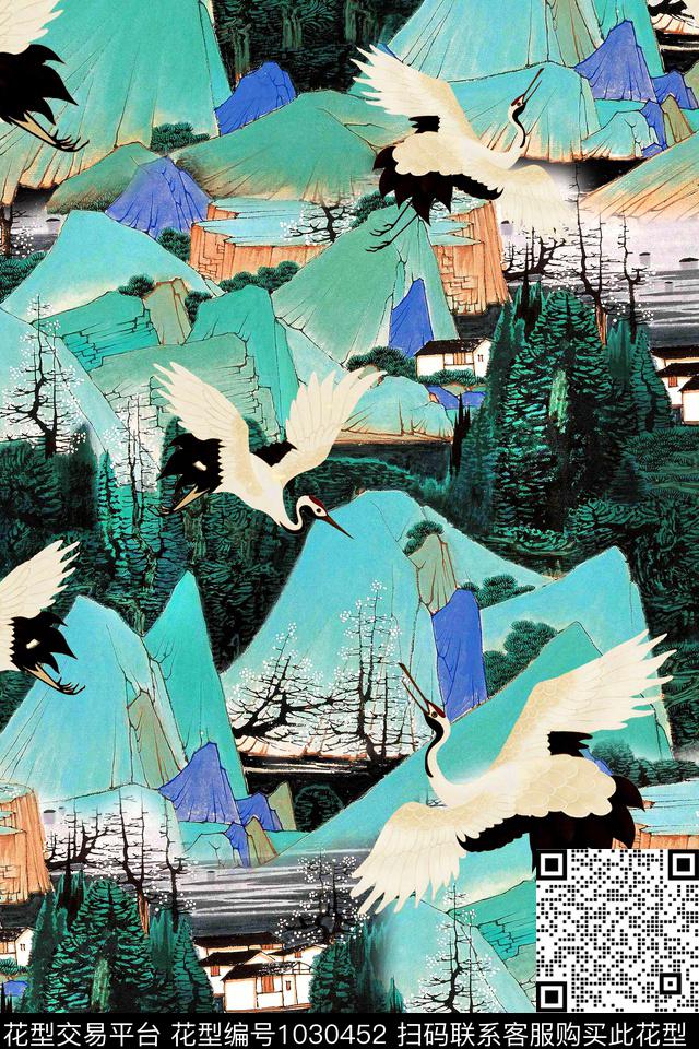 仙鹤中国风国画数码印花华亿平台下载（图片编号: 1030452） - 瓦栏（Walan）