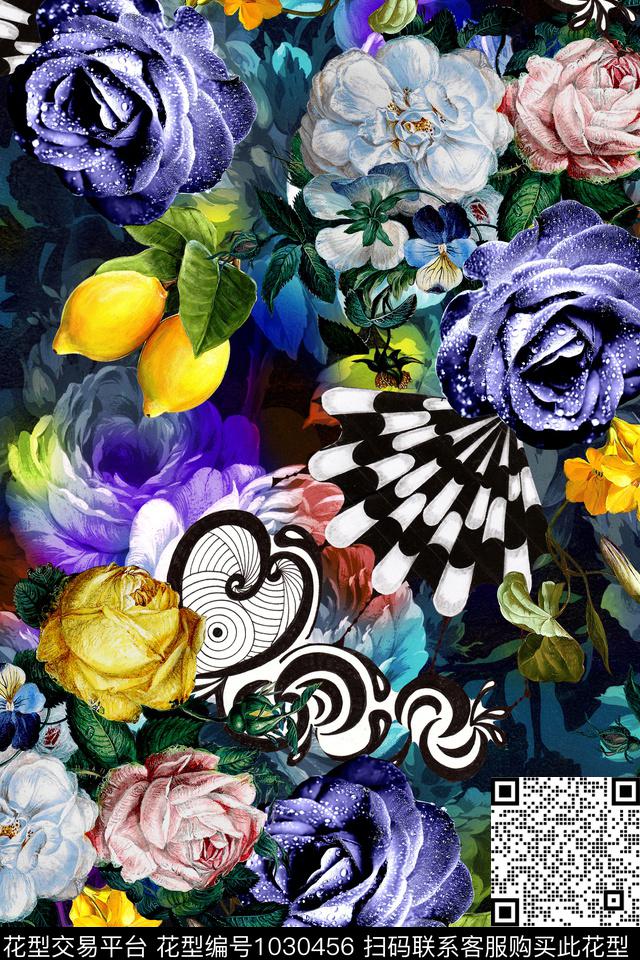 条纹水彩花卉柠檬数码印花华亿平台下载（图片编号: 1030456） - 瓦栏（Walan）