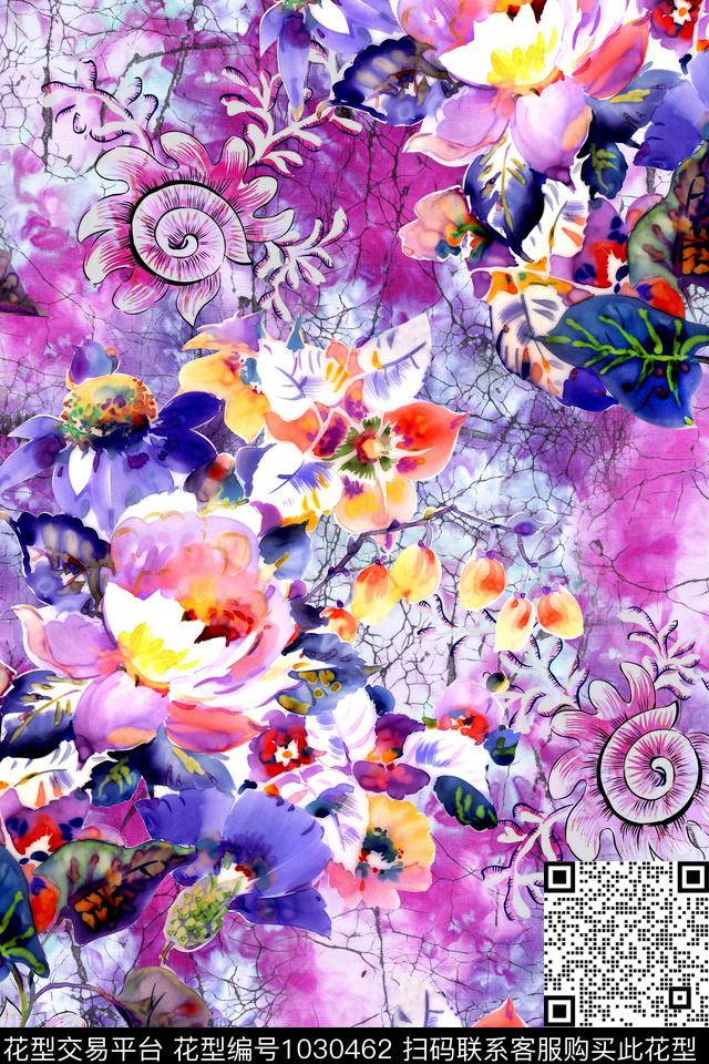 水彩花卉纹理年轻女性数码印花华亿平台下载（图片编号: 1030462） - 瓦栏（Walan）