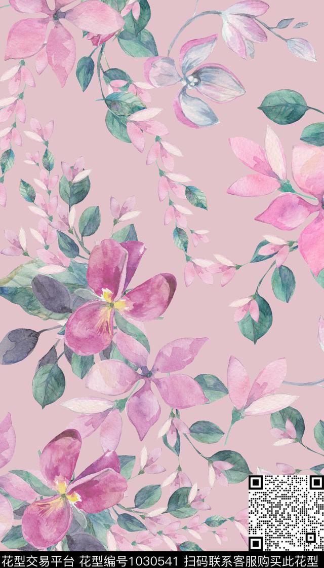 花卉水彩花卉真丝数码印花华亿平台下载（图片编号: 1030541） - 瓦栏（Walan）