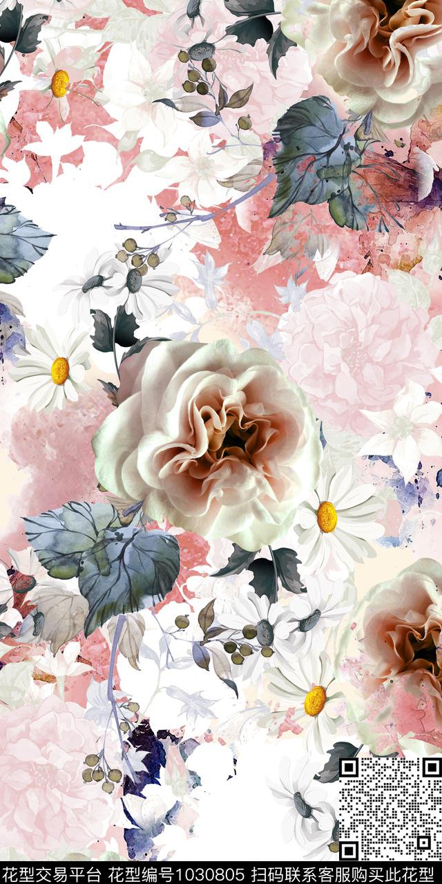 大花水彩花卉花卉数码印花华亿平台下载（图片编号: 1030805） - 瓦栏（Walan）