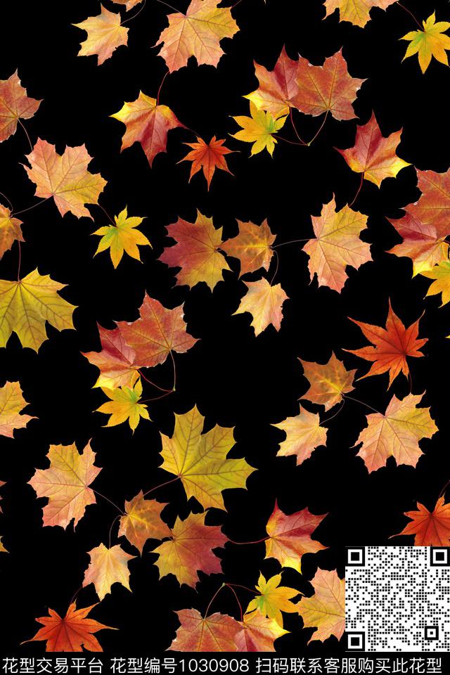 枫叶手绘花卉2018秋冬数码印花华亿平台下载（图片编号: 1030908） - 瓦栏（Walan）