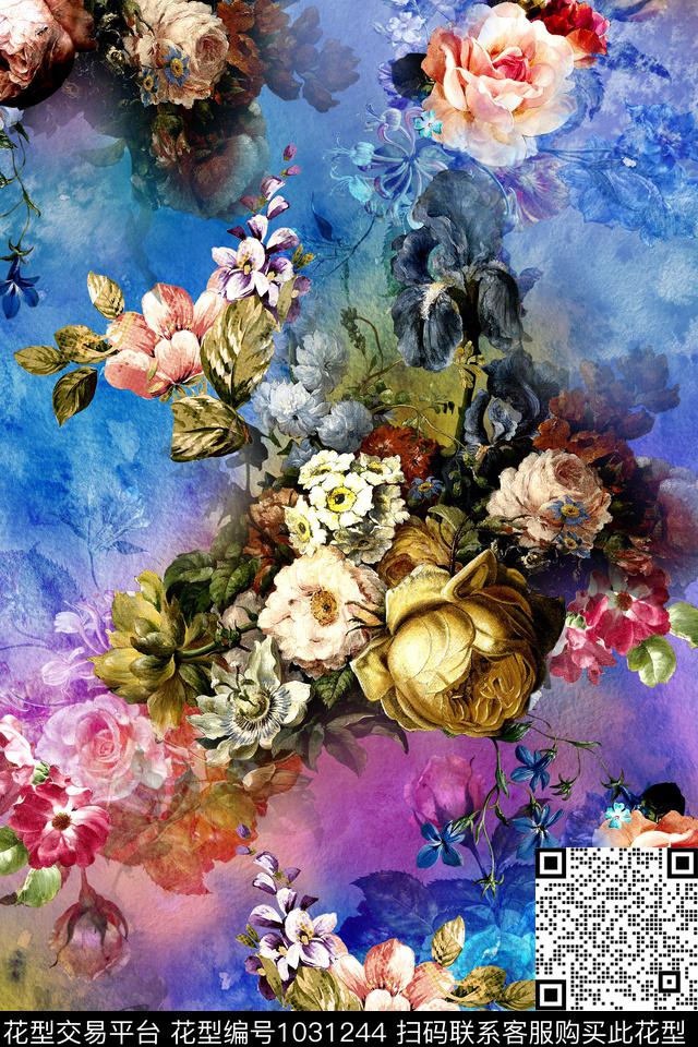 花卉年轻女性手绘花卉数码印花华亿平台下载（图片编号: 1031244） - 瓦栏（Walan）
