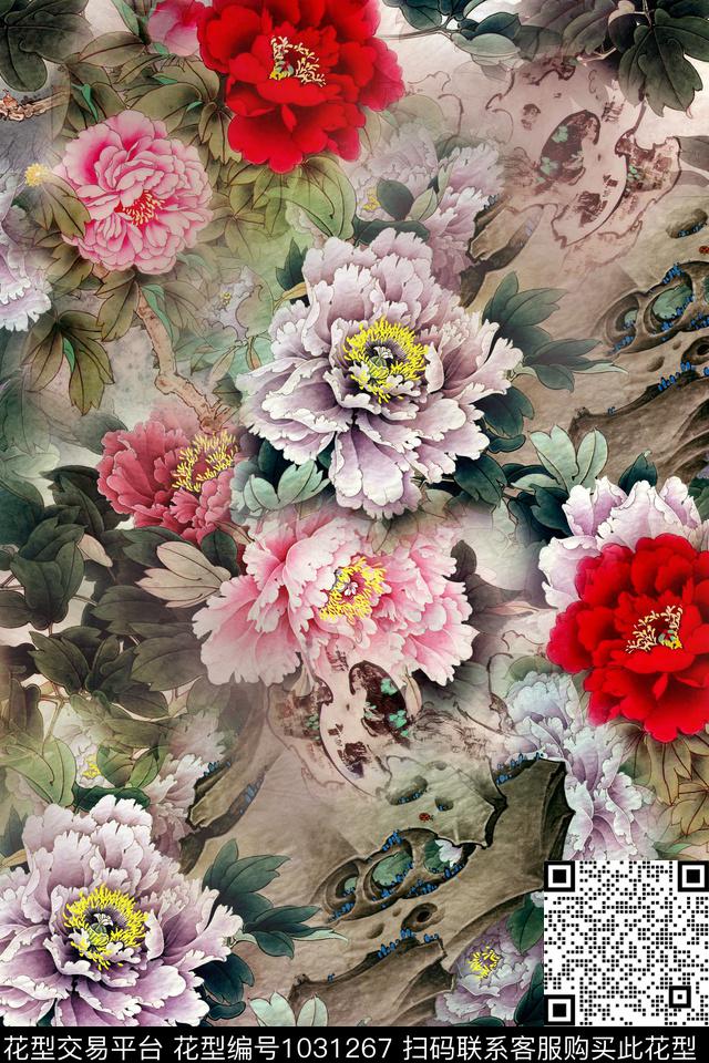 荷花中国风手绘花卉数码印花华亿平台下载（图片编号: 1031267） - 瓦栏（Walan）