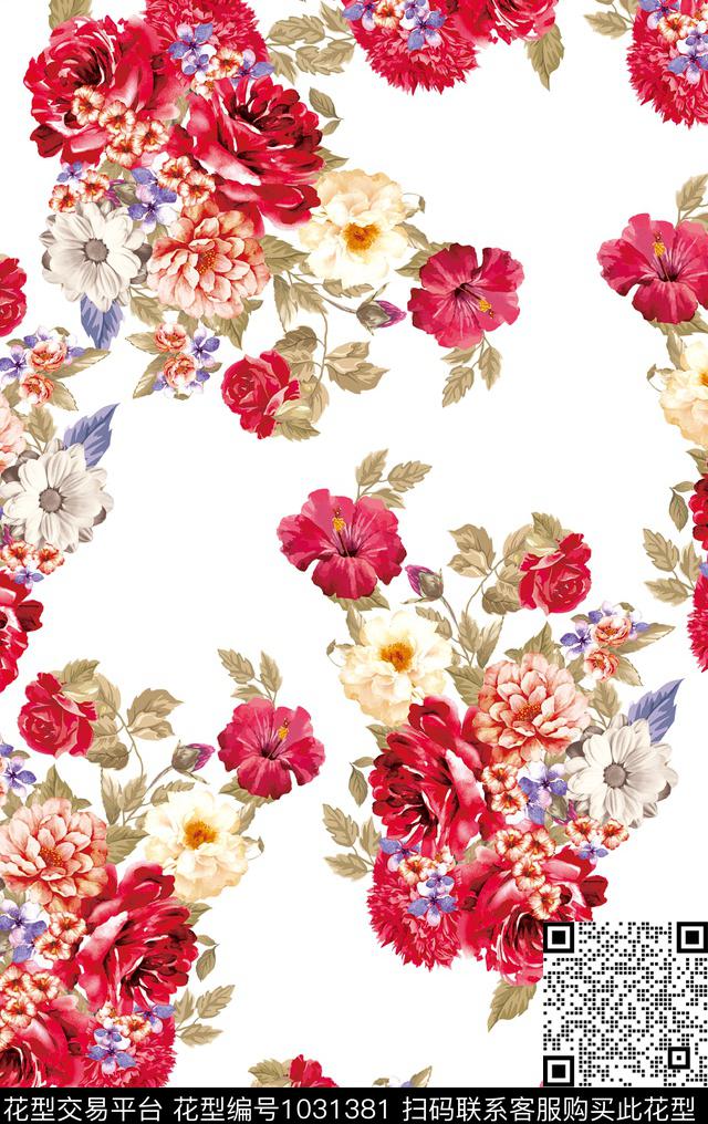 水彩花卉手绘花卉红花数码印花华亿平台下载（图片编号: 1031381） - 瓦栏（Walan）