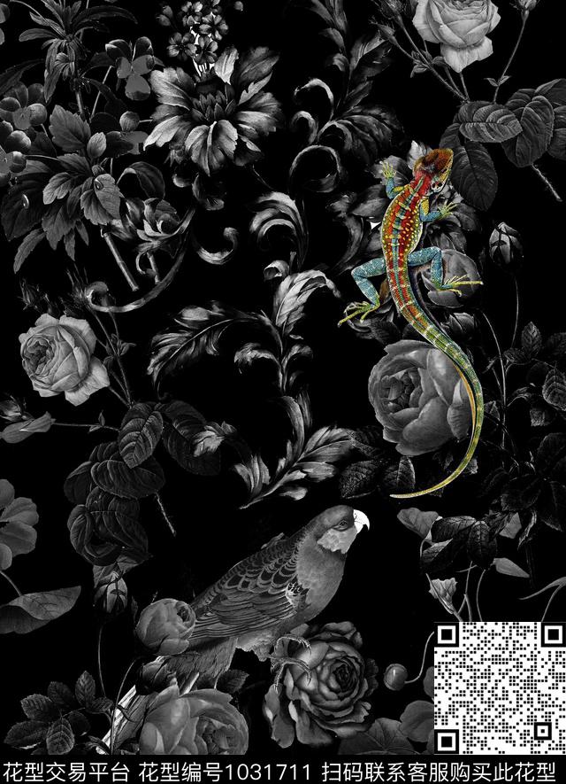 鸟蜥蜴花卉数码印花华亿平台下载（图片编号: 1031711） - 瓦栏（Walan）