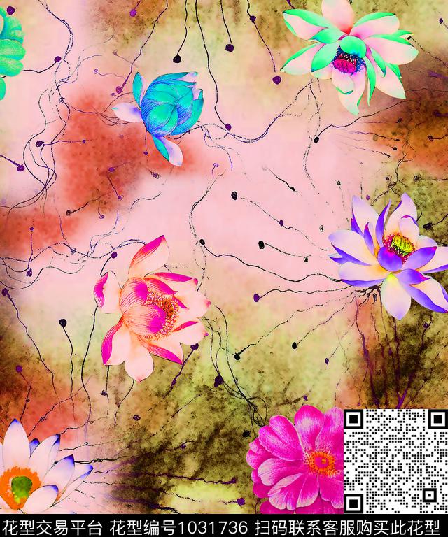 大花泼墨花瓣数码印花华亿平台下载（图片编号: 1031736） - 瓦栏（Walan）
