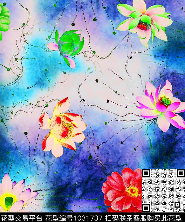 大花泼墨花瓣数码印花华亿平台下载（图片编号: 1031737） - 瓦栏（Walan）