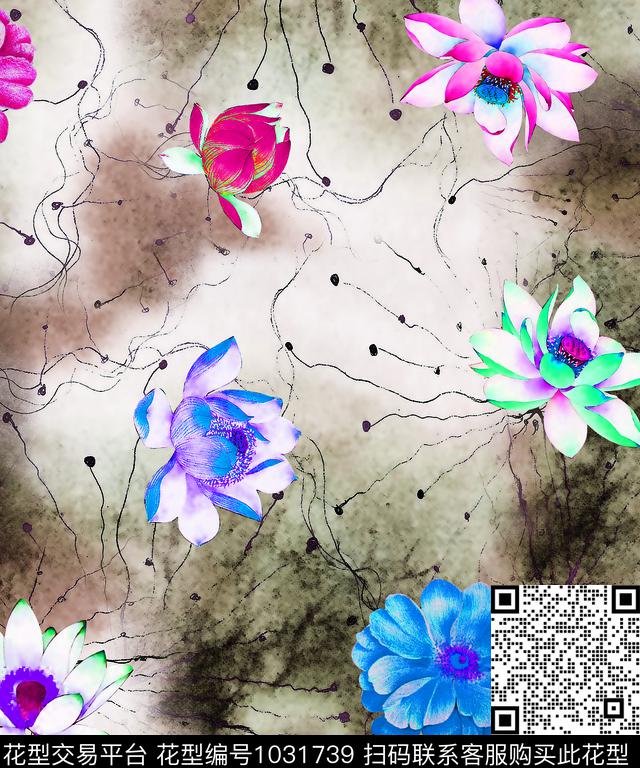大花泼墨花瓣数码印花华亿平台下载（图片编号: 1031739） - 瓦栏（Walan）