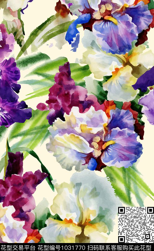 大花数码华亿平台水彩花卉数码印花华亿平台下载（图片编号: 1031770） - 瓦栏（Walan）