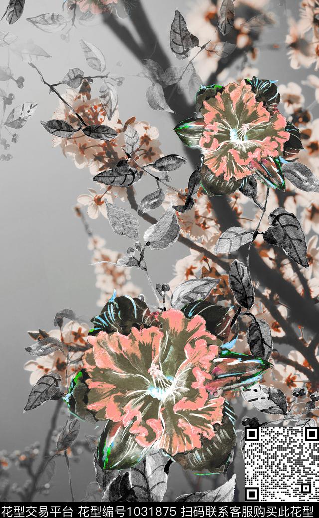 水彩花卉定位花花卉数码印花华亿平台下载（图片编号: 1031875） - 瓦栏（Walan）
