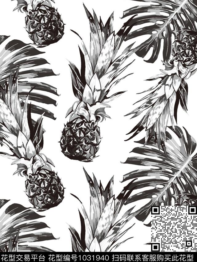 菠萝热带华亿平台手绘菠萝传统印花华亿平台下载（图片编号: 1031940） - 瓦栏（Walan）