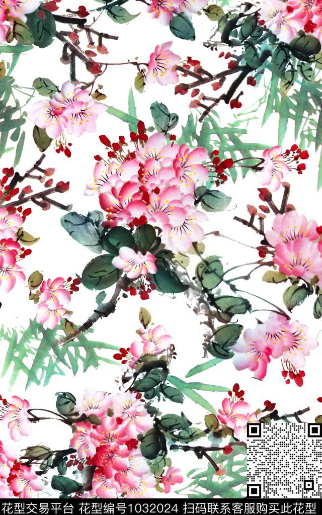 荷花水墨风中国风数码印花华亿平台下载（图片编号: 1032024） - 瓦栏（Walan）