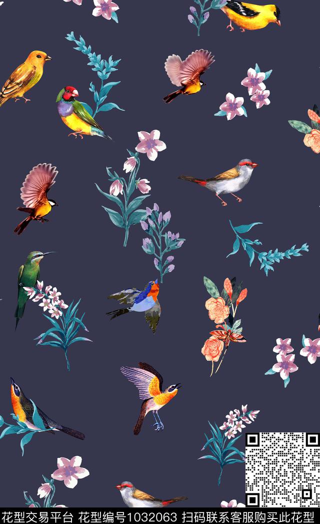 鸟小碎花植物数码印花华亿平台下载（图片编号: 1032063） - 瓦栏（Walan）