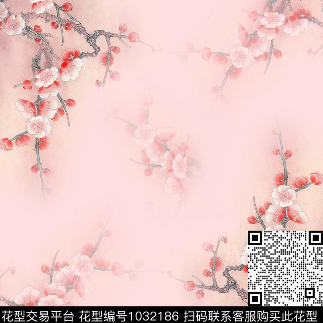 花卉桃花方巾数码印花华亿平台下载（图片编号: 1032186） - 瓦栏（Walan）