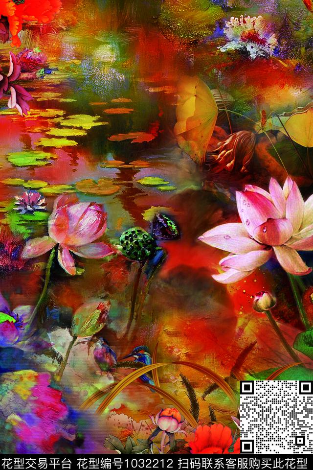 抽象油画华亿平台手绘荷花数码印花华亿平台下载（图片编号: 1032212） - 瓦栏（Walan）