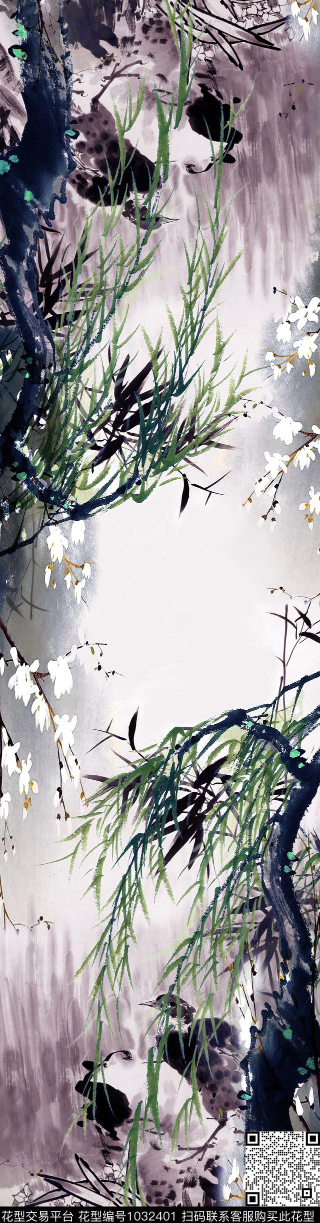 中长巾国画花鸟数码印花华亿平台下载（图片编号: 1032401） - 瓦栏（Walan）