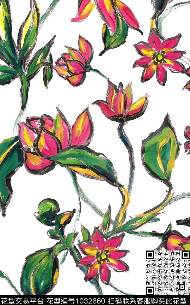 涂鸦线条花卉花卉传统印花华亿平台下载（图片编号: 1032660） - 瓦栏（Walan）