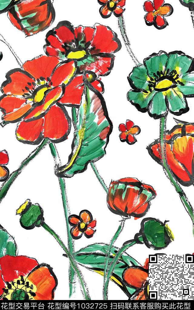 涂鸦线条花卉花卉传统印花华亿平台下载（图片编号: 1032725） - 瓦栏（Walan）