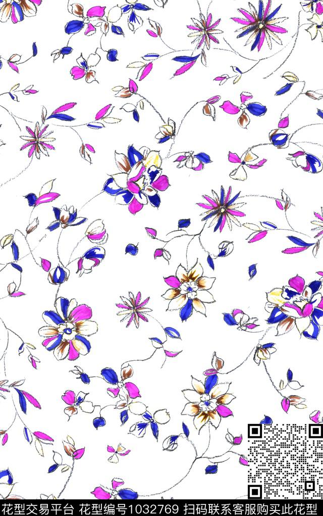 抽象花卉小碎花线条花卉传统印花华亿平台下载（图片编号: 1032769） - 瓦栏（Walan）