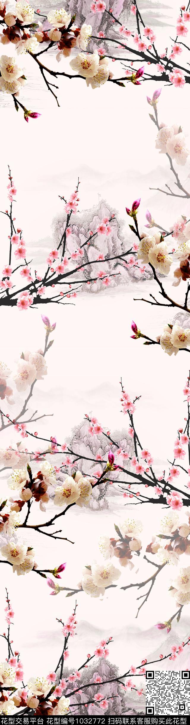 玉兰花中长巾国画数码印花华亿平台下载（图片编号: 1032772） - 瓦栏（Walan）
