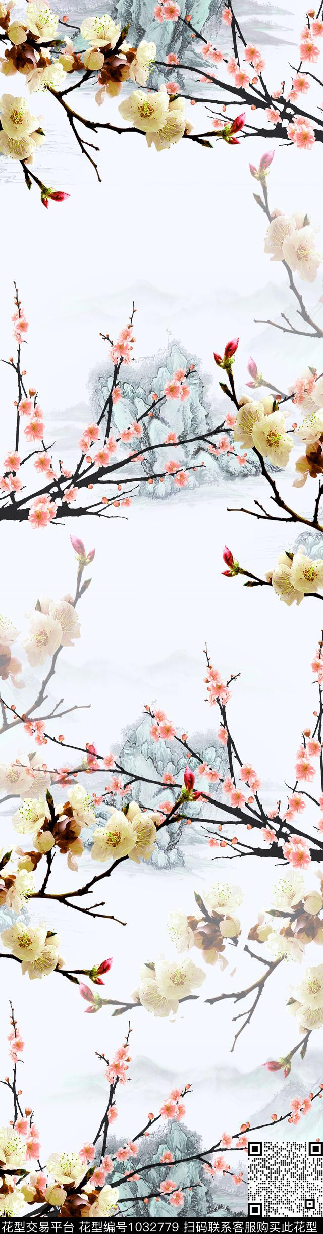 玉兰花中长巾国画数码印花华亿平台下载（图片编号: 1032779） - 瓦栏（Walan）