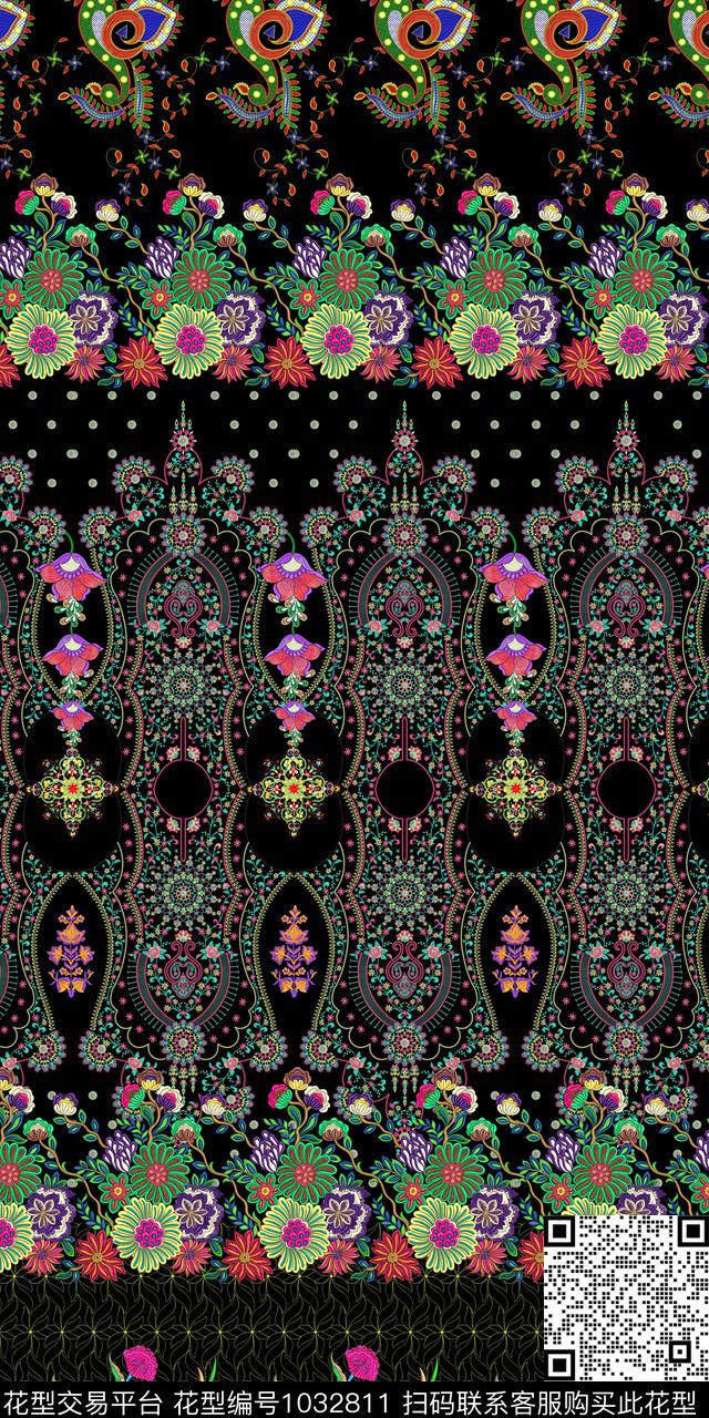 条纹民族风花卉数码印花华亿平台下载（图片编号: 1032811） - 瓦栏（Walan）
