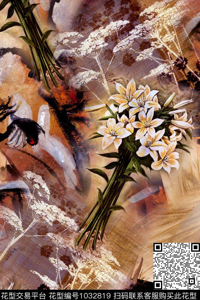 抽象手绘花卉纹理数码印花华亿平台下载（图片编号: 1032819） - 瓦栏（Walan）