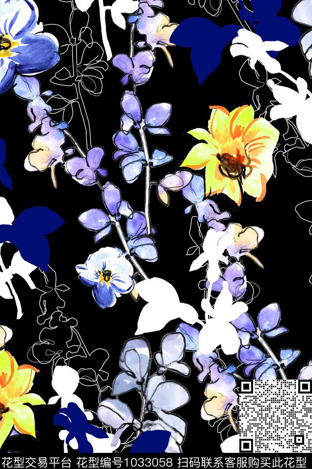 线条花卉手绘花卉抽象时尚数码印花华亿平台下载（图片编号: 1033058） - 瓦栏（Walan）