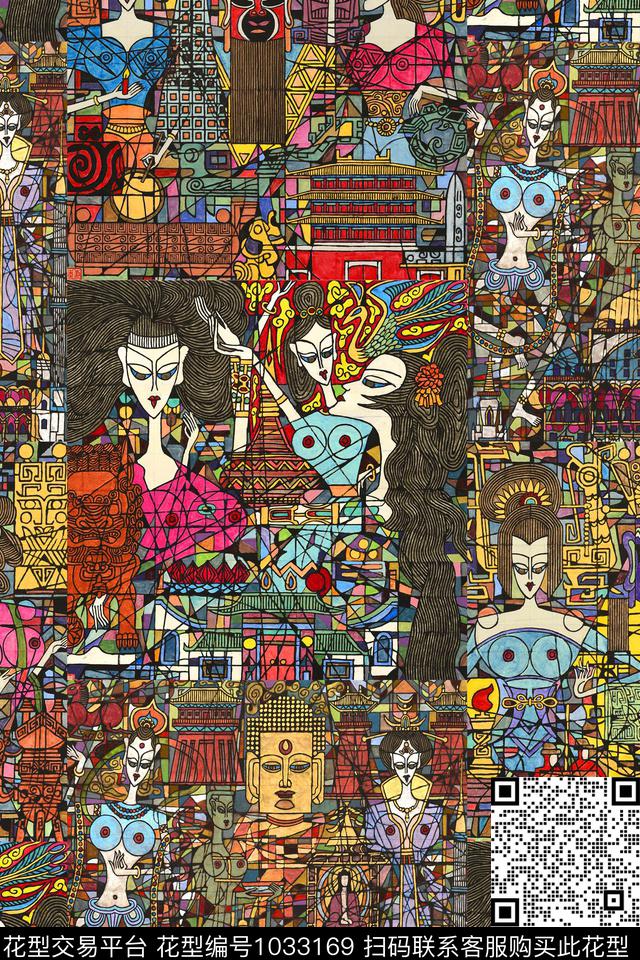 几何中国风京剧数码印花华亿平台下载（图片编号: 1033169） - 瓦栏（Walan）